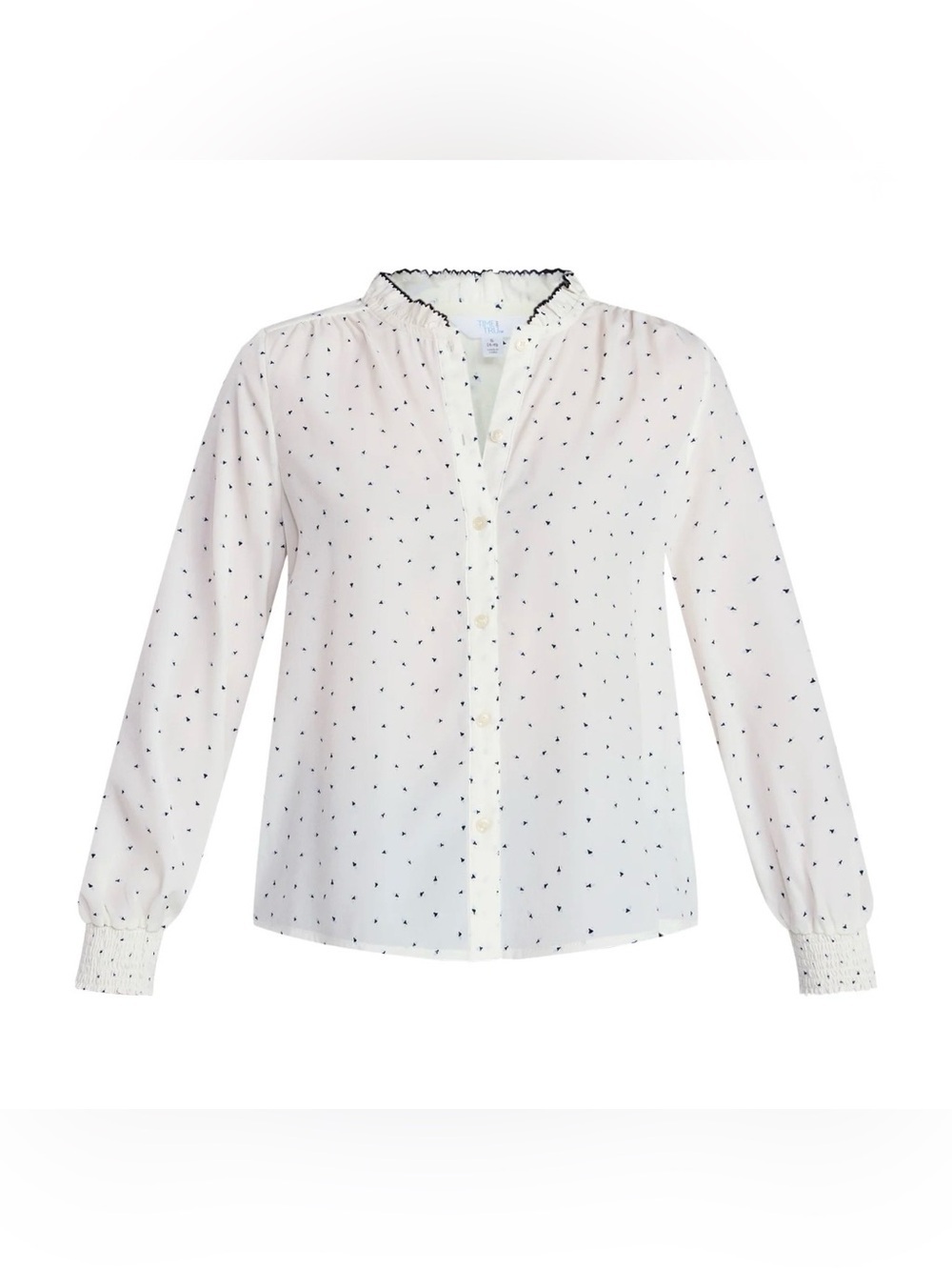 Time and Tru XL 16-18 Ruffle Mock Neck Blouse Geo Print Button Down NWT